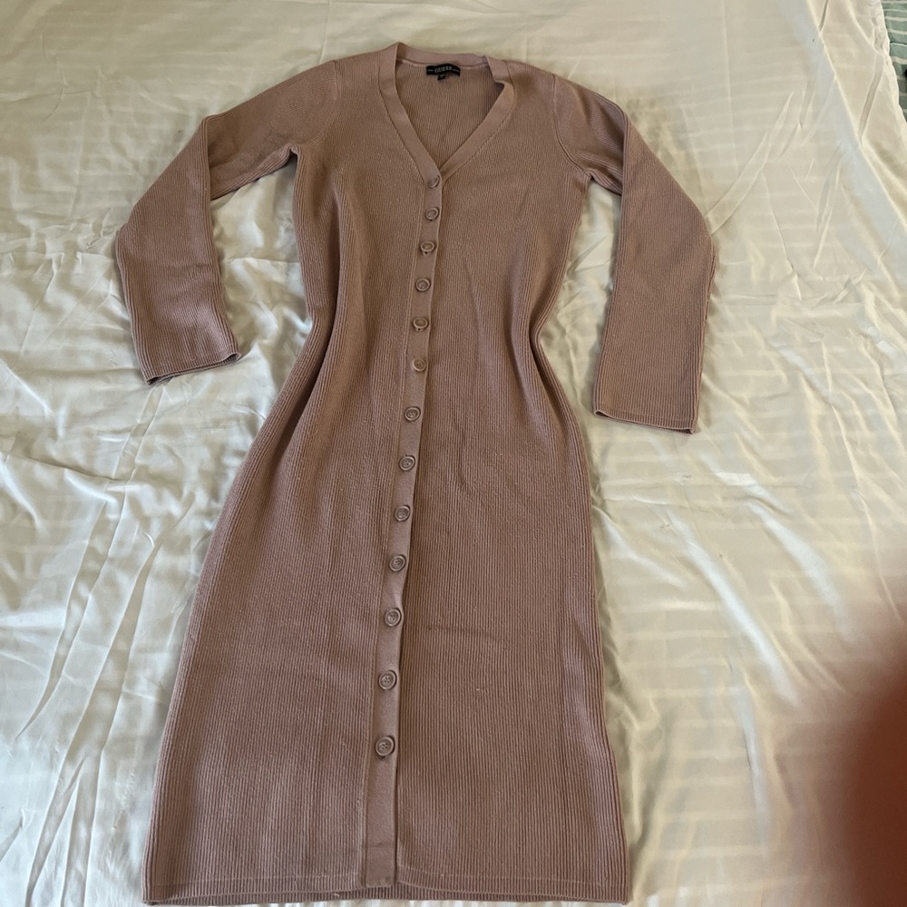 Guess Tan Ribbed Buttoned Long Sleeve Sweater Dress